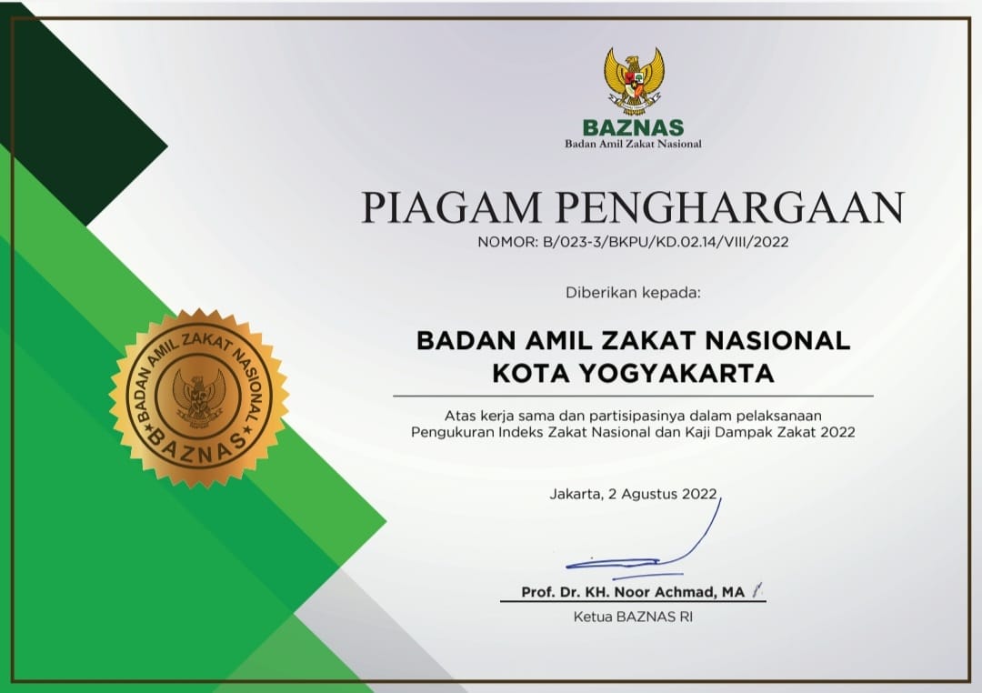 BAZNAS KOTA YOGYAKARTA RAIH PIAGAM PENGHARGAAN BAZNAS RI