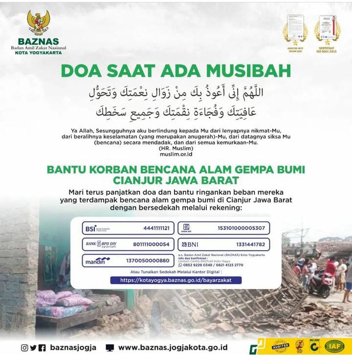 sedekah infaq bantuan musibah gempa Cianjur s/d Kamis 28 Jumadil Ula 1444, 22/12/2022 terkumpul sejumlah Rp.180.851.200.