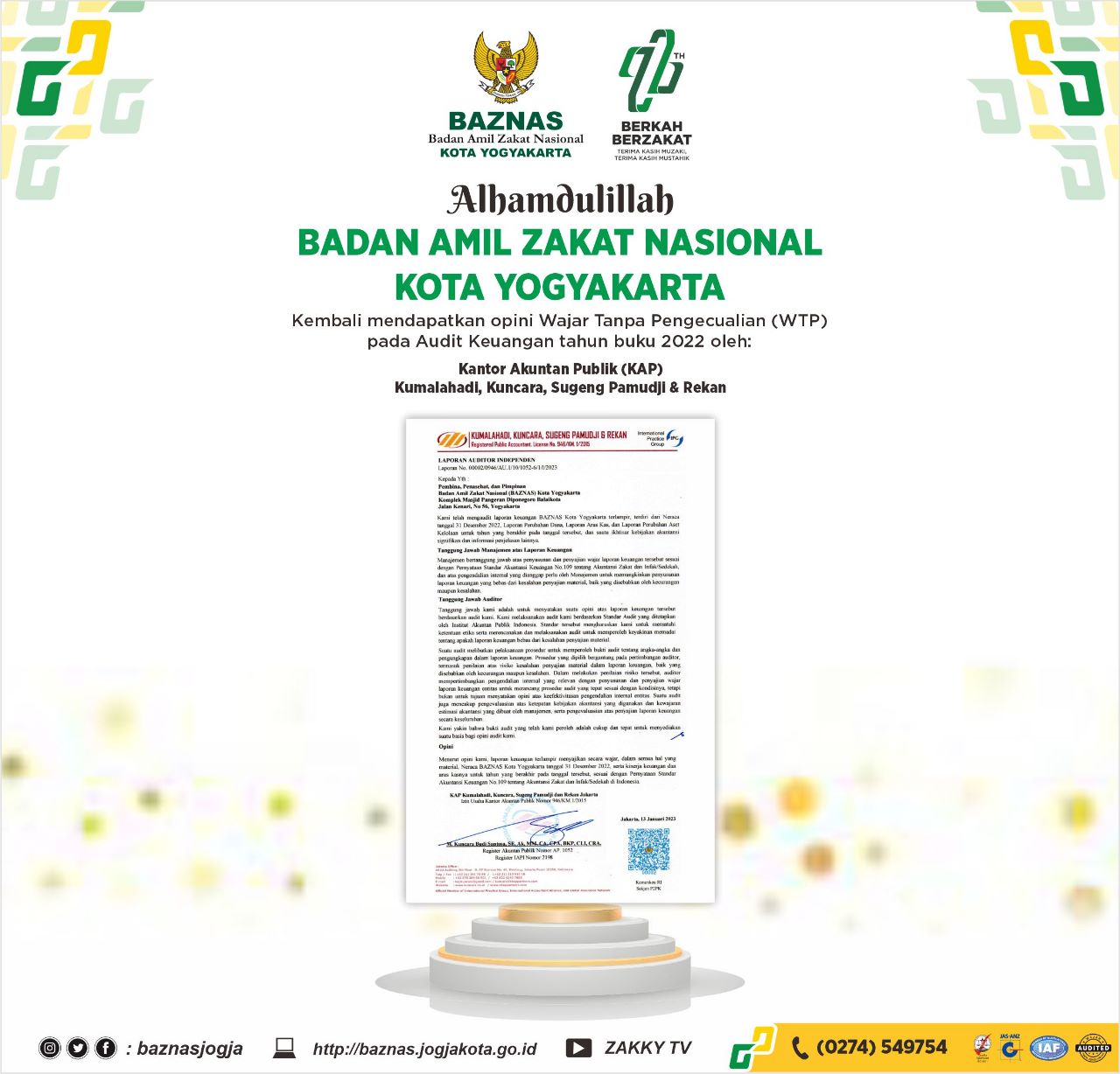 BAZNAS Kota Yogyakarta kembali raih opini Wajar/WTP atas audit keuangan pengelolaan zakat