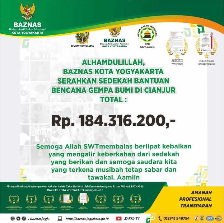 BAZNAS KOTA YOGYAKARTA SERAHKAN BANTUAN DANA RP. 184.316.200 UNTUK MUSIBAH GEMPA CIANJUR