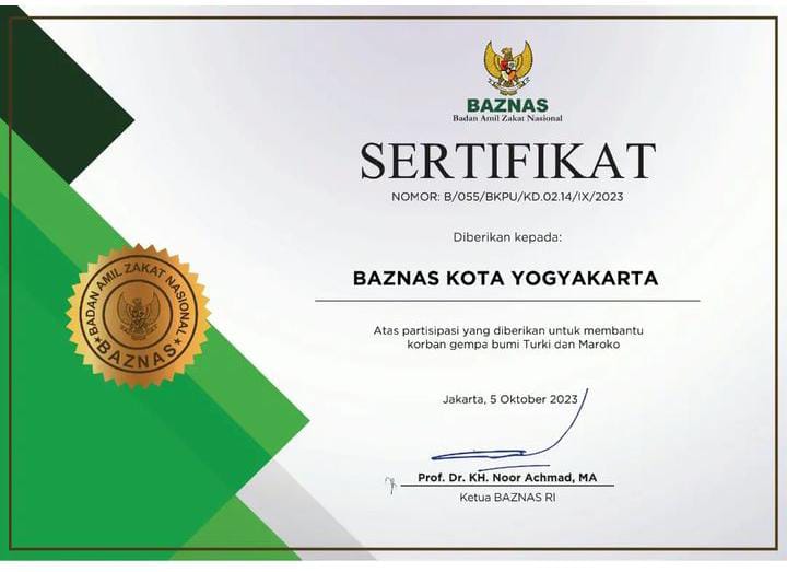 BAZNAS KOTA YOGYAKARTA TERIMA PENGHARGAAN DARI BAZNAS RI