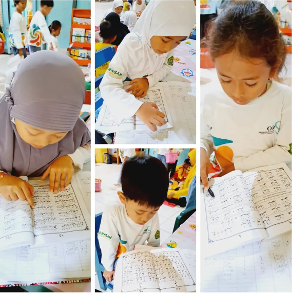 ALHAMDULILLAH  Khusuk dan khidmat siswa kelas B, RA Al Husna, mengikuti belajar membaca Al Qur'an metode Iqra, program MDA BAZNAS Kota Yk