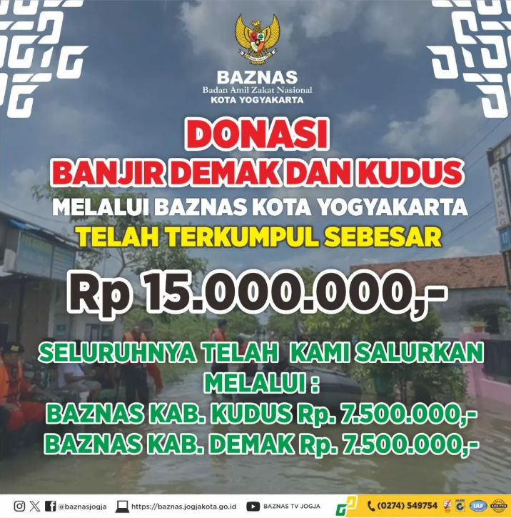 BAZNAS Kota Yogyakarta Bantu Warga Terdampak Banjir Kudus dan Demak Sejumlah Rp.15.000.000