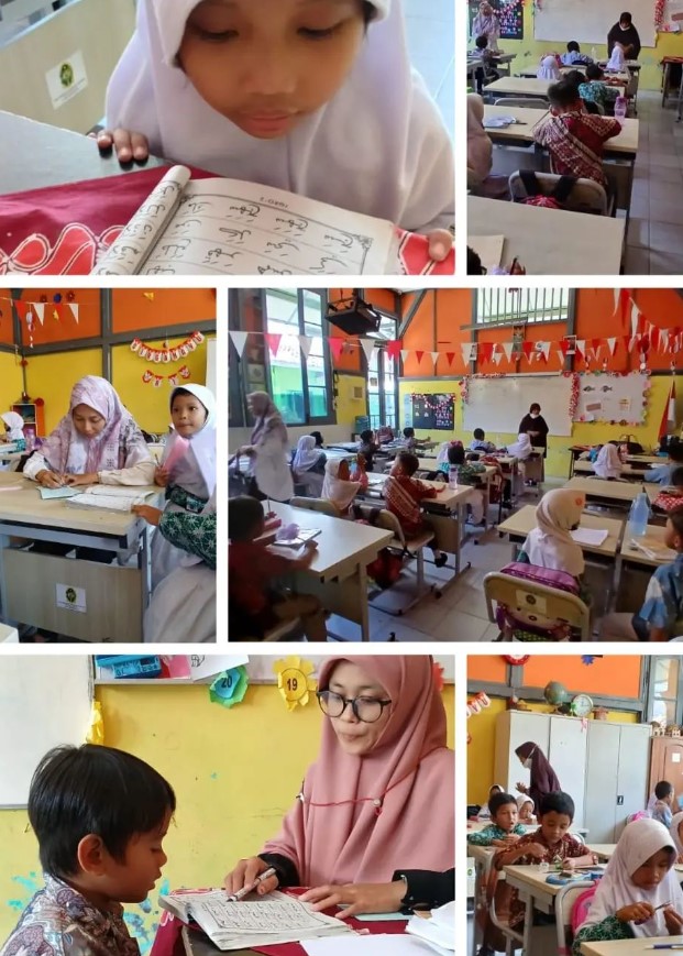 Khusuk dan khidmat ananda sholeh sholehah siswa SD Negeri Kintelan 1 Yogyakarta, belajar membaca Al Qur'an metode Iqra