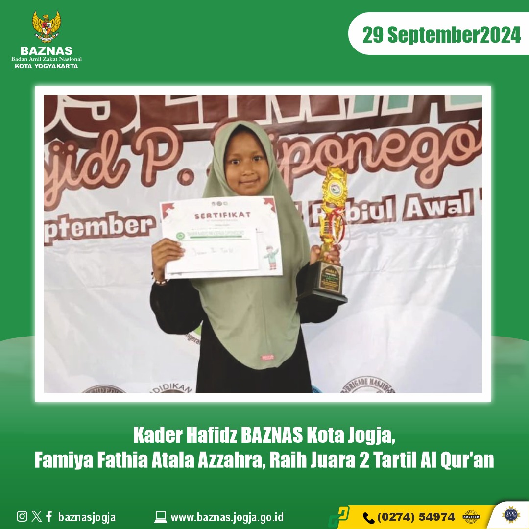 Kader Hafidz BAZNAS Kota Jogja, Famiya Fathia Atala Azzahra, Raih Juara 2 Tartil Al Qur'an