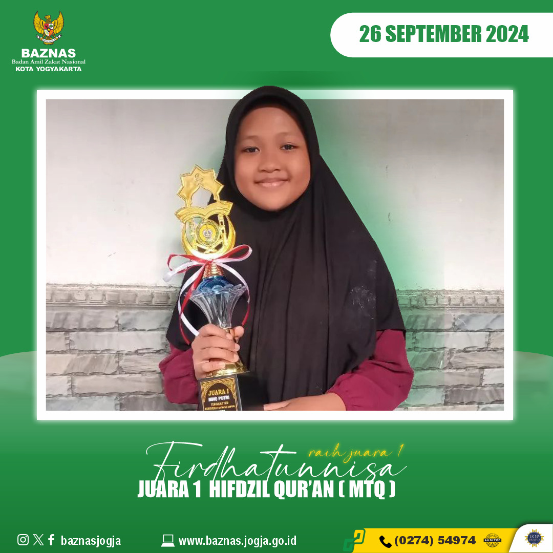 Kader Hafidz BAZNAS Kota Jogja, Firdhatunnisa', Raih Juara 1 MTQ