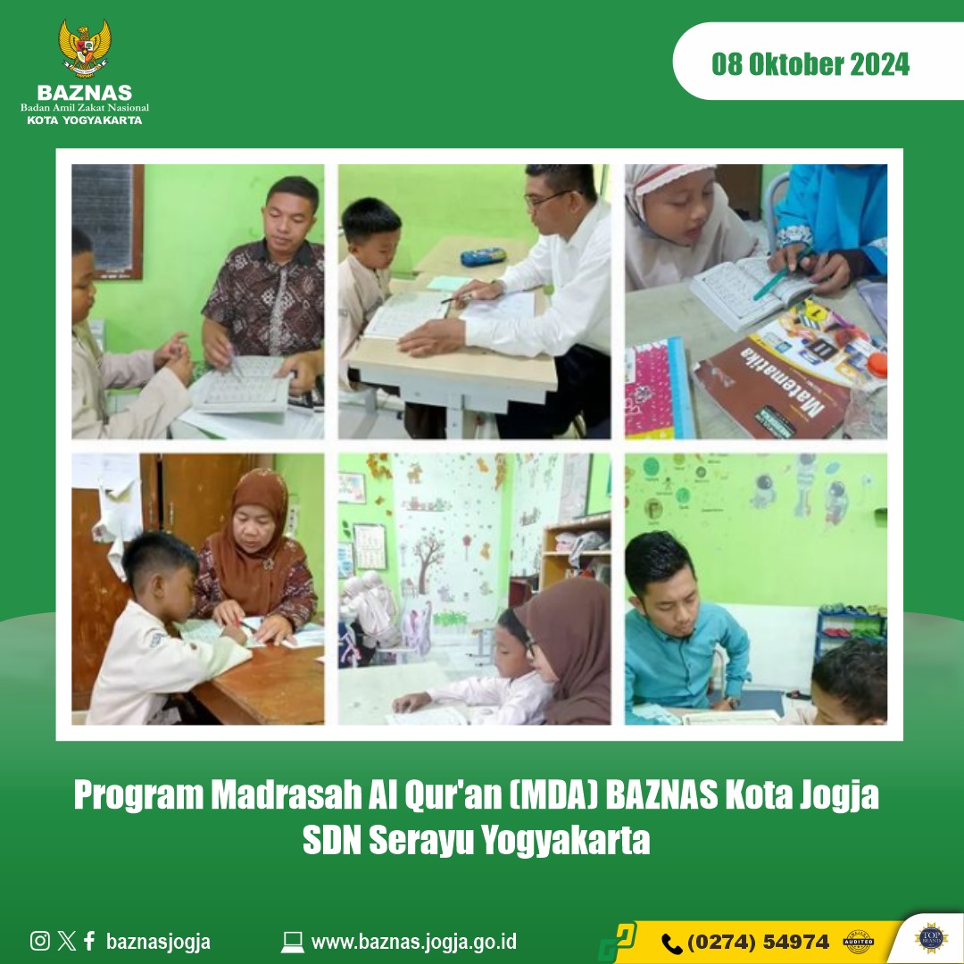 Khusuk dan khidmat ananda sholeh sholehah siswa SDN Serayu Yogyakarta, belajar membaca Al Qur'an metode Iqra, program Madrasah Al Qur'an (MDA) BAZNAS Kota Jogja