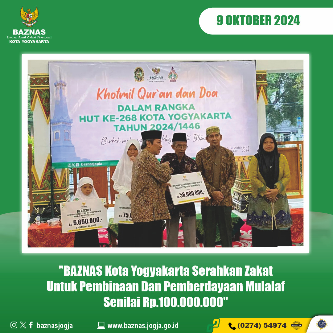 BAZNAS Kota Yogyakarta Serahkan Zakat Untuk Pembinaan Dan Pemberdayaan Mulalaf Senilai Rp.100.000.000