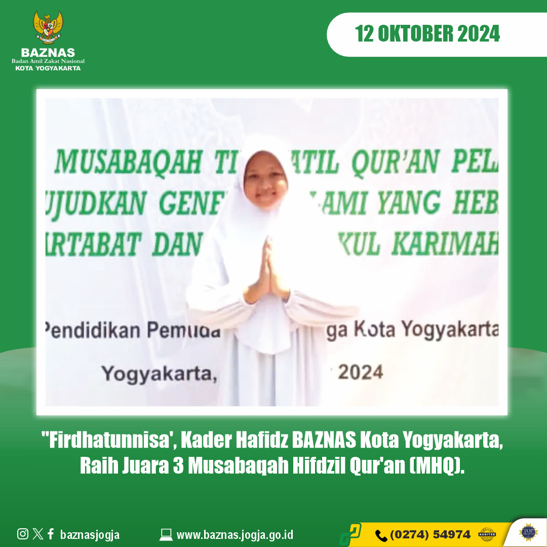 Firdhatunnisa', Kader Hafidz BAZNAS Kota Yogyakarta, Raih Juara 3 Musabaqah Hifdzil Qur'an (MHQ)