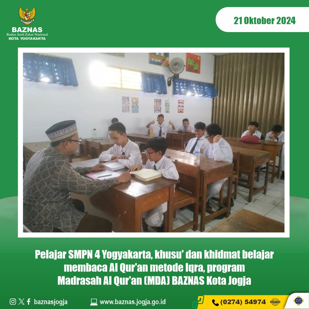 Pelajar SMPN 4 Yogyakarta, khusyu' dan khidmat belajar membaca Al Qur'an metode Iqra, program Madrasah Al Qur'an (MDA) BAZNAS Kota Jogja