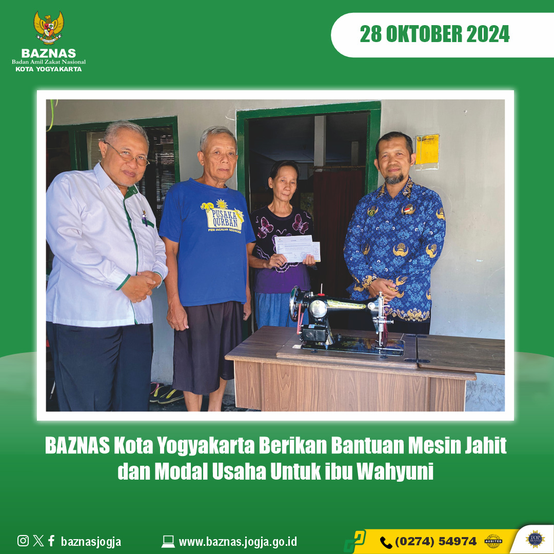 BAZNAS Kota Yogyakarta Berikan Bantuan Mesin Jahit dan Modal Usaha untuk Ibu Wahyuni