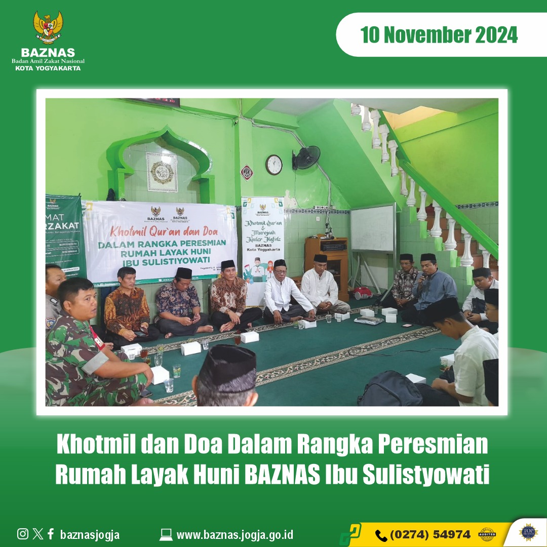 BAZNAS Kota Yogyakarta Gelar Khotmil Quran dan Murojaah Kader Tahfidz, Serahkan Bantuan RLHB Kepada Ibu Sulistyowati