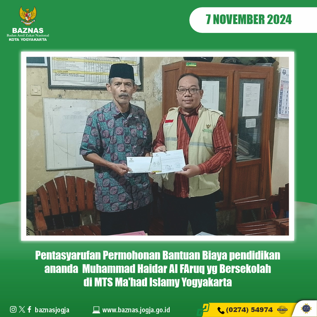 BAZNAS Kota Yogyakarta Salurkan Bantuan Pendidikan untuk Ananda Muhammad Haidar Al Faruq