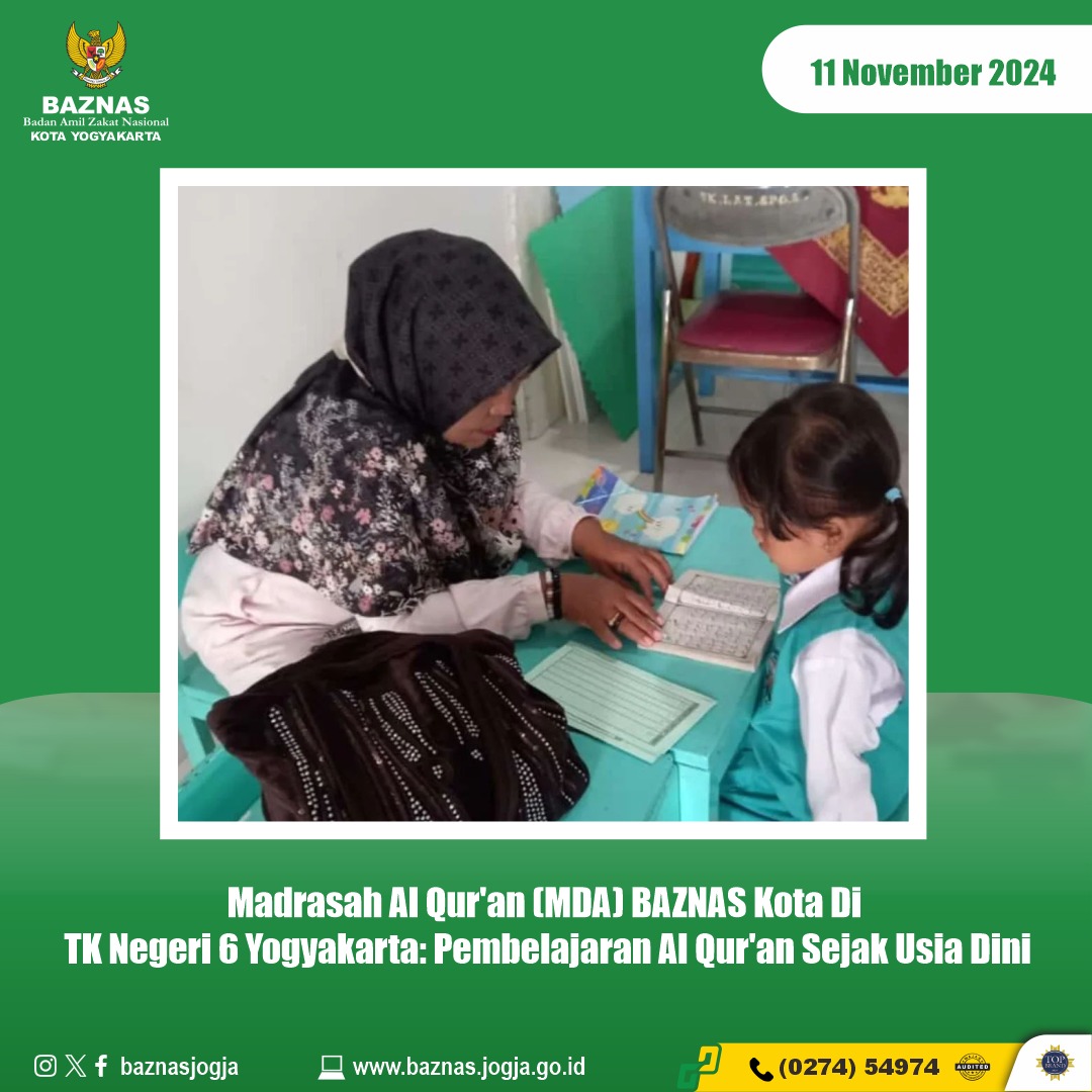 Madrasah Al Qur'an (MDA) BAZNAS Kota Yogyakarta Di TK Negeri 6 Yogyakarta: Pembelajaran Al Qur'an Sejak Usia Dini