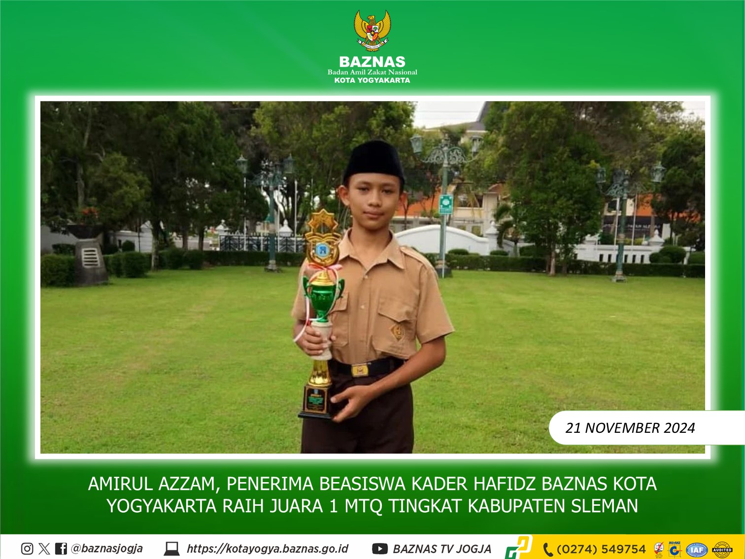 Amirul Azzam, Penerima Beasiswa Kader Hafidz BAZNAS Kota Yogyakarta, Raih Juara 1 MTQ Sleman