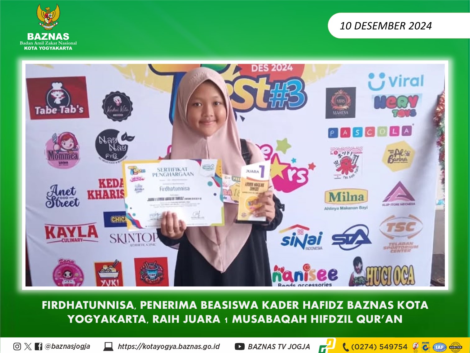 Firdhatunnisa, Penerima Beasiswa Kader Hafidz BAZNAS Kota Yogyakarta, Raih Juara 1 Musabaqah Hifdzil Qur'an