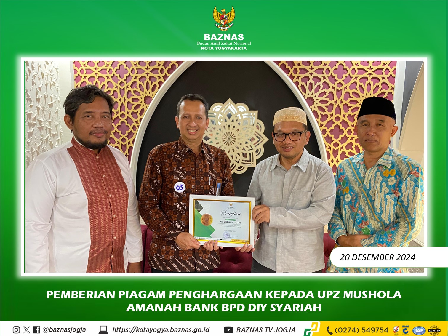 BAZNAS Kota Yogyakarta Berikan Piagam Penghargaan Kepada UPZ Mushola Amanah Bank BPD DIY Syariah. 