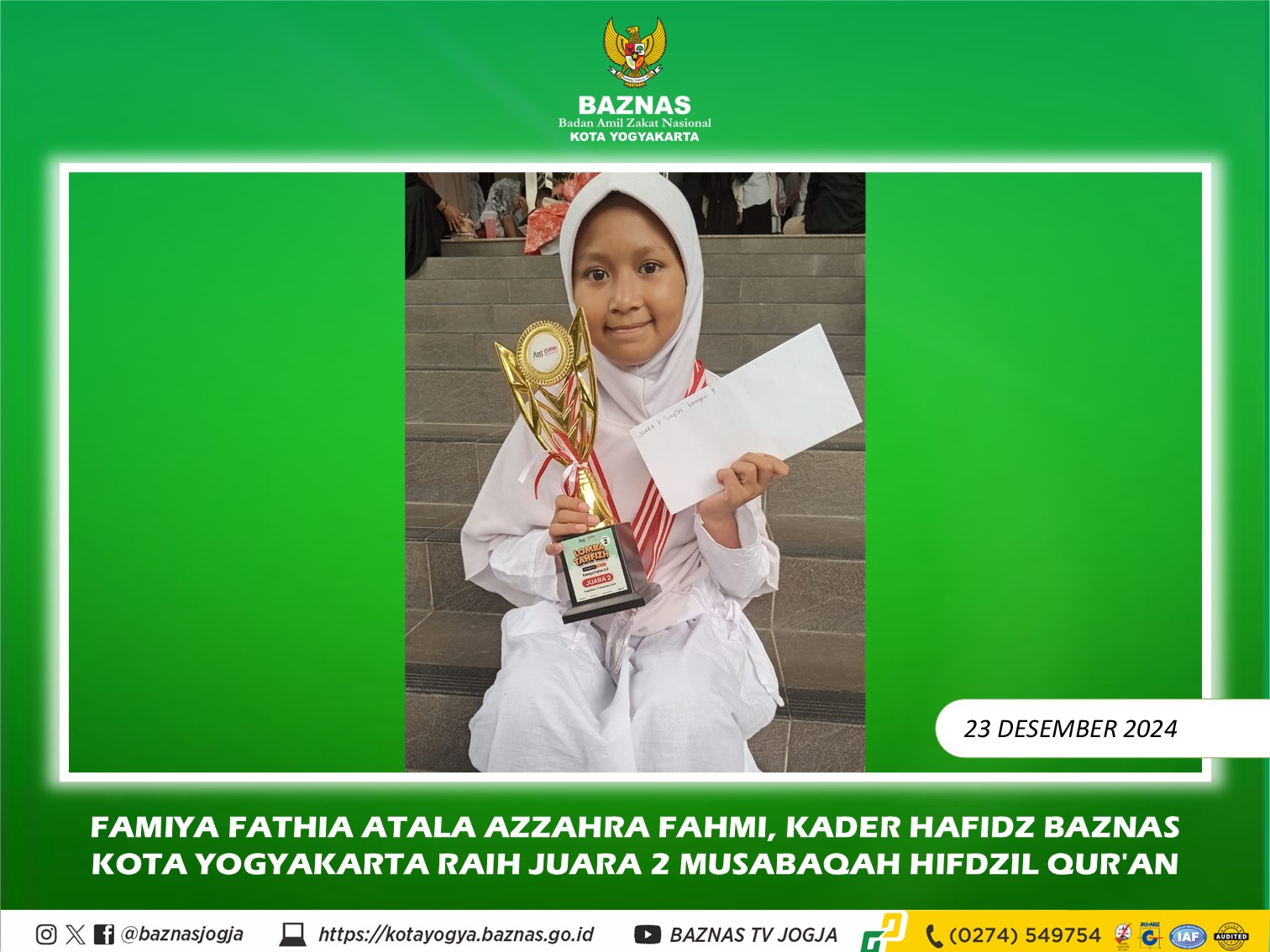 Kader Hafidz BAZNAS Kota Yogyakarta Raih Juara 2 Musabaqah Hifdzil Qur'an