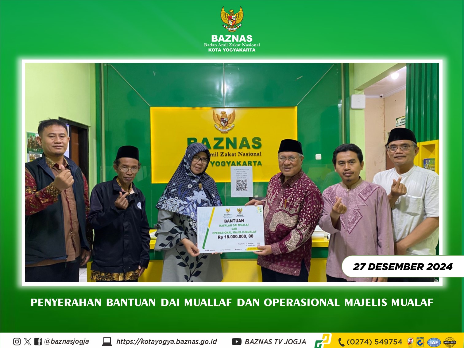 BAZNAS Kota Yogyakarta Serahkan Kafalah Dai Mualaf dan Mualaf Kit Sejumlah Rp.18.000.000