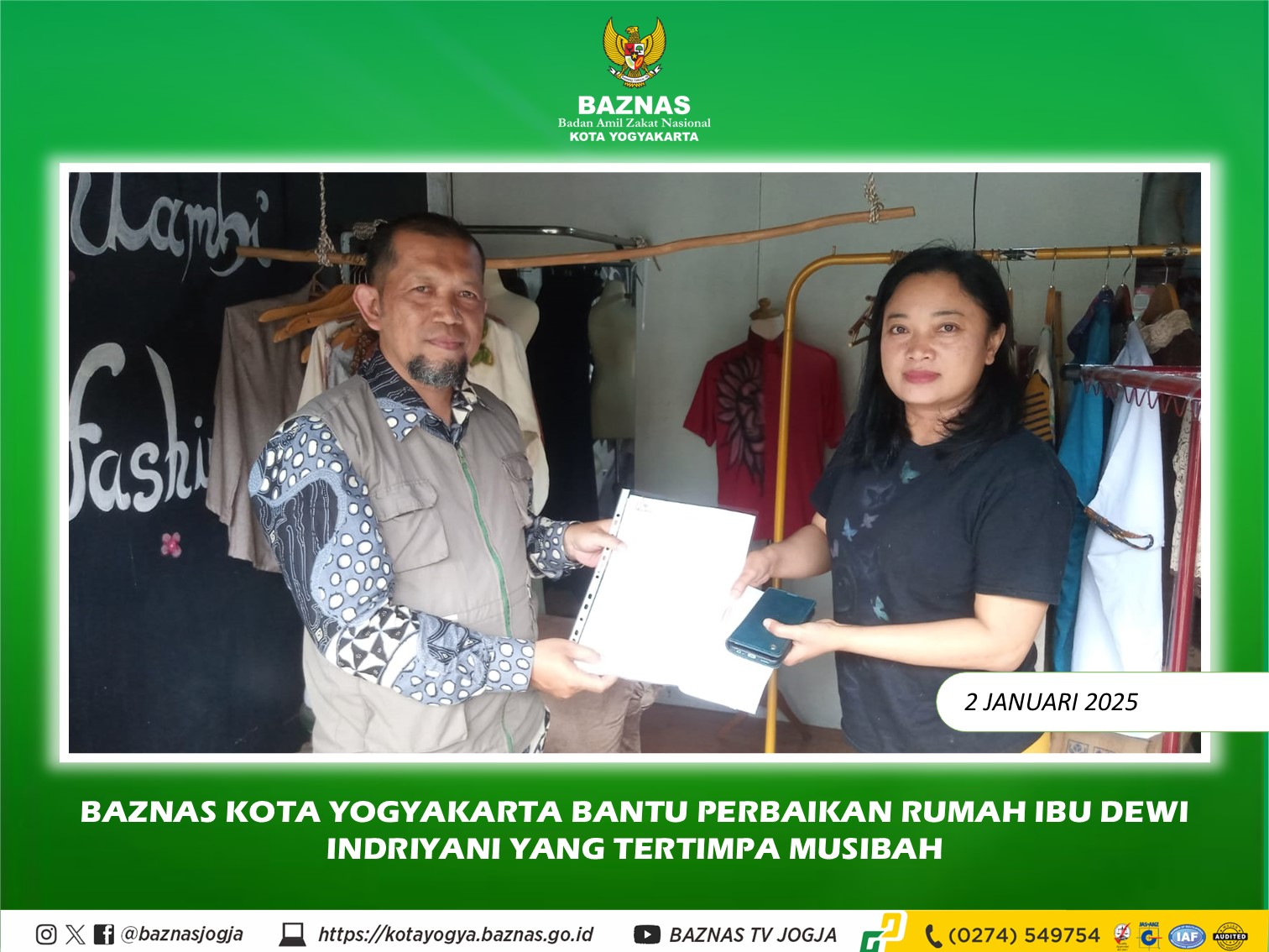 BAZNAS Kota Yogyakarta Bantu Perbaikan Rumah Ibu Dewi Indriyani Yang Tertimpa Musibah